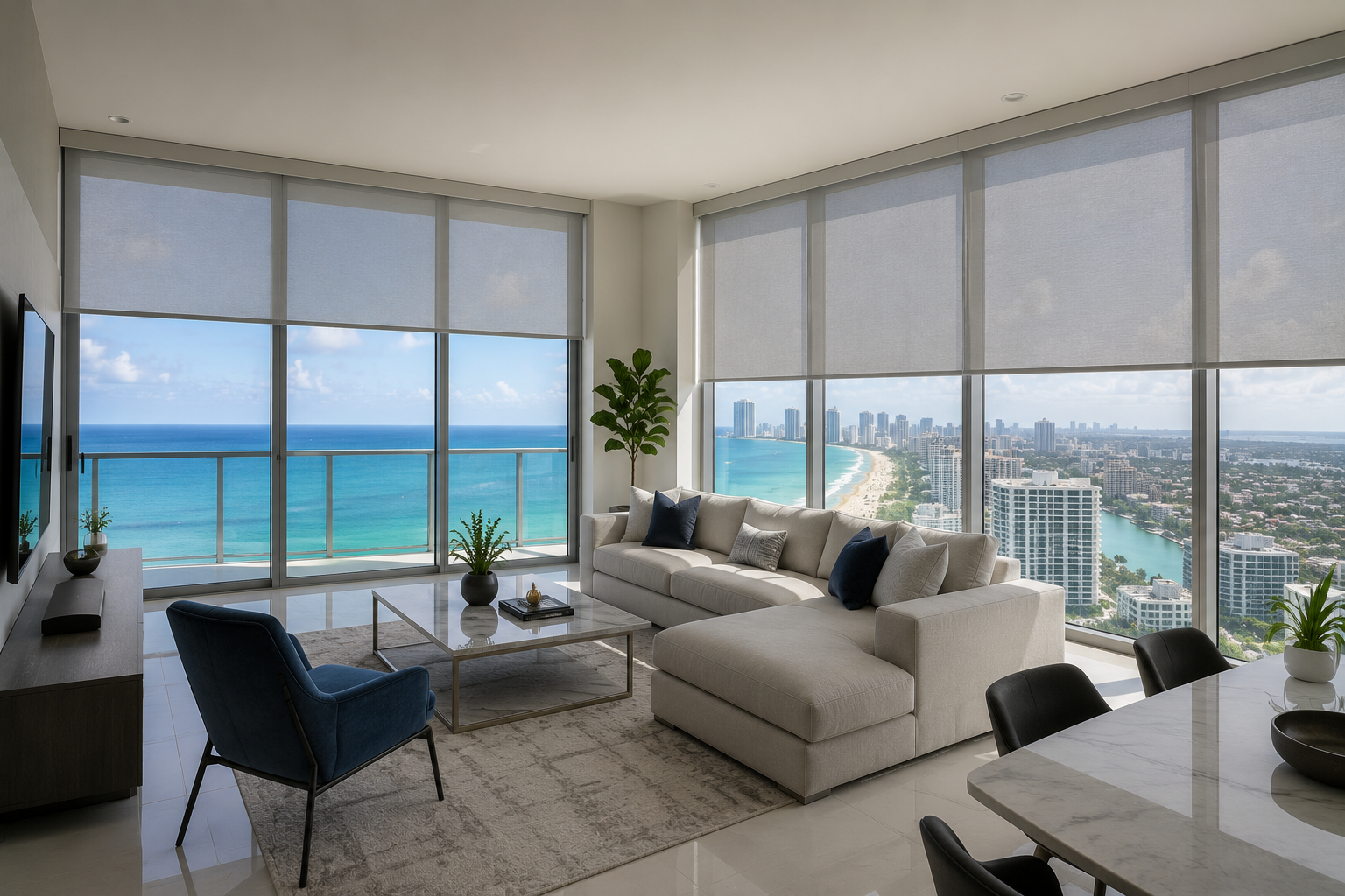 5 percent solar roller shades on floor-to-ceiling windows in an oceanfront condo