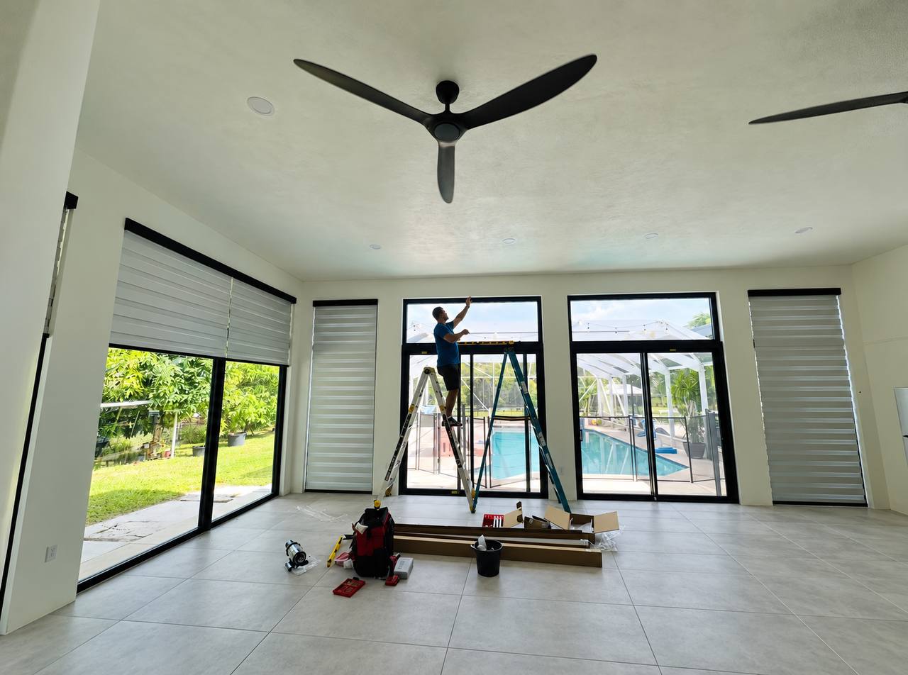 Motorized zebra shade installation Fort Lauderdale living area