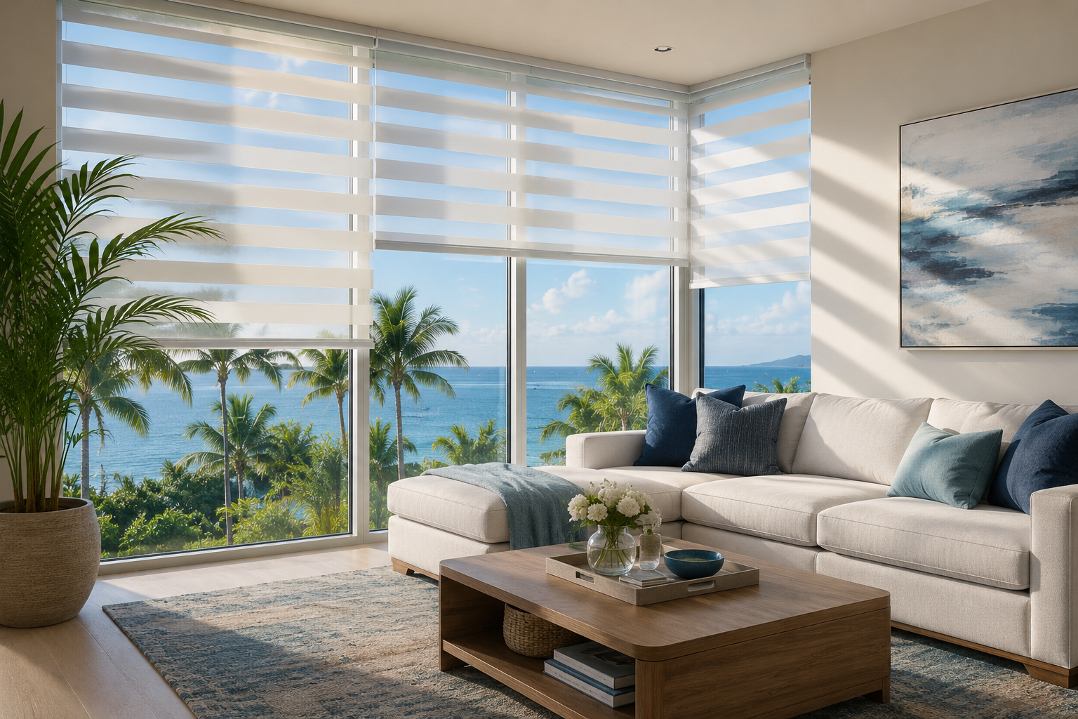 White zebra shades on large windows in a modern living room