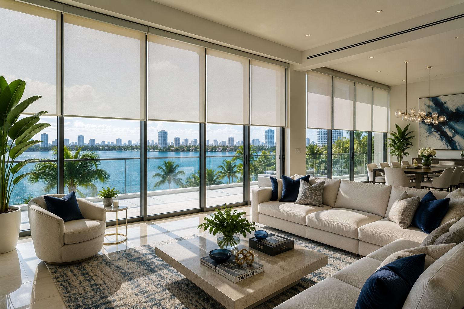 Light roller shades on floor-to-ceiling windows in a modern waterfront condo