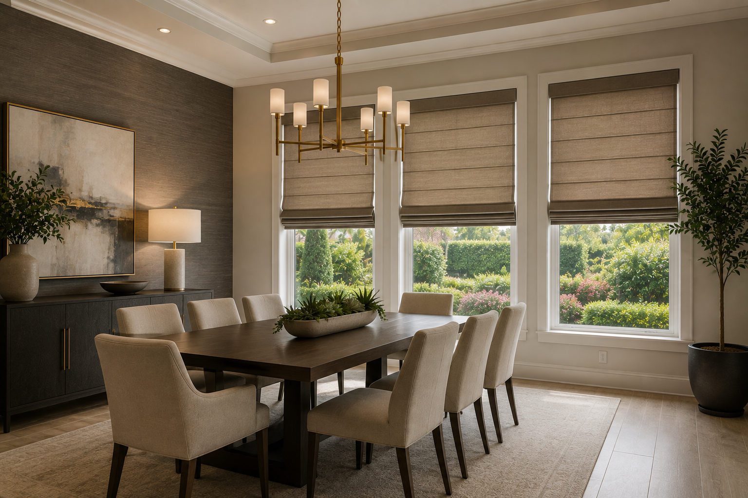 Taupe Roman shades on three windows in an elegant modern dining room
