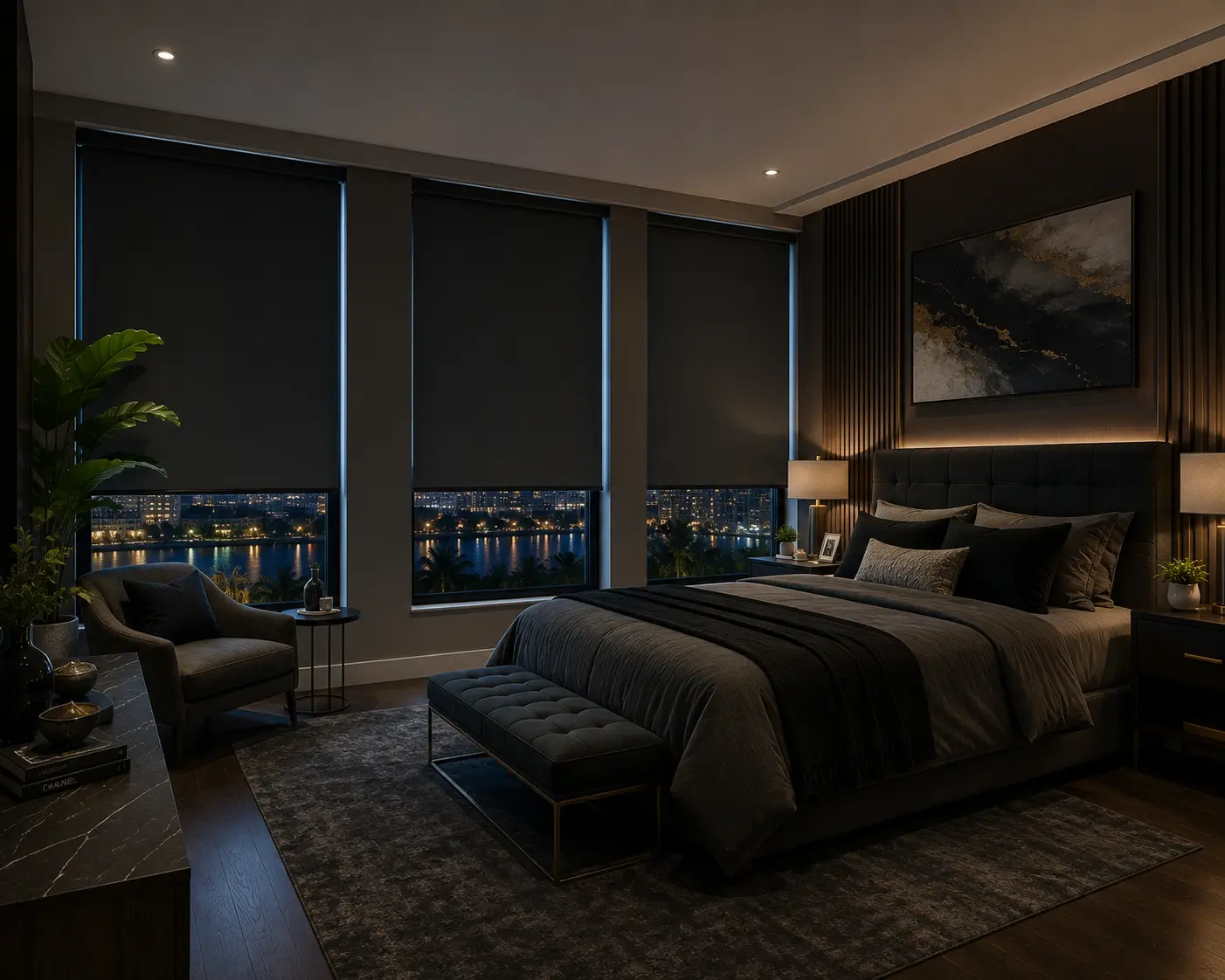 Dark blackout roller shades on large windows in a luxury modern bedroom