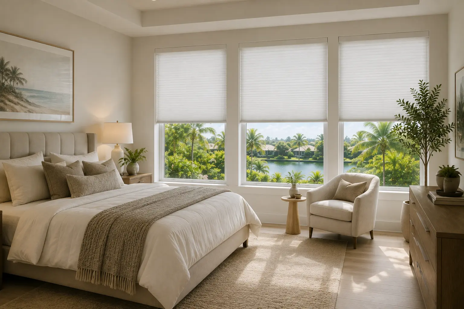 White cellular honeycomb shades on three bedroom windows with natural daylight