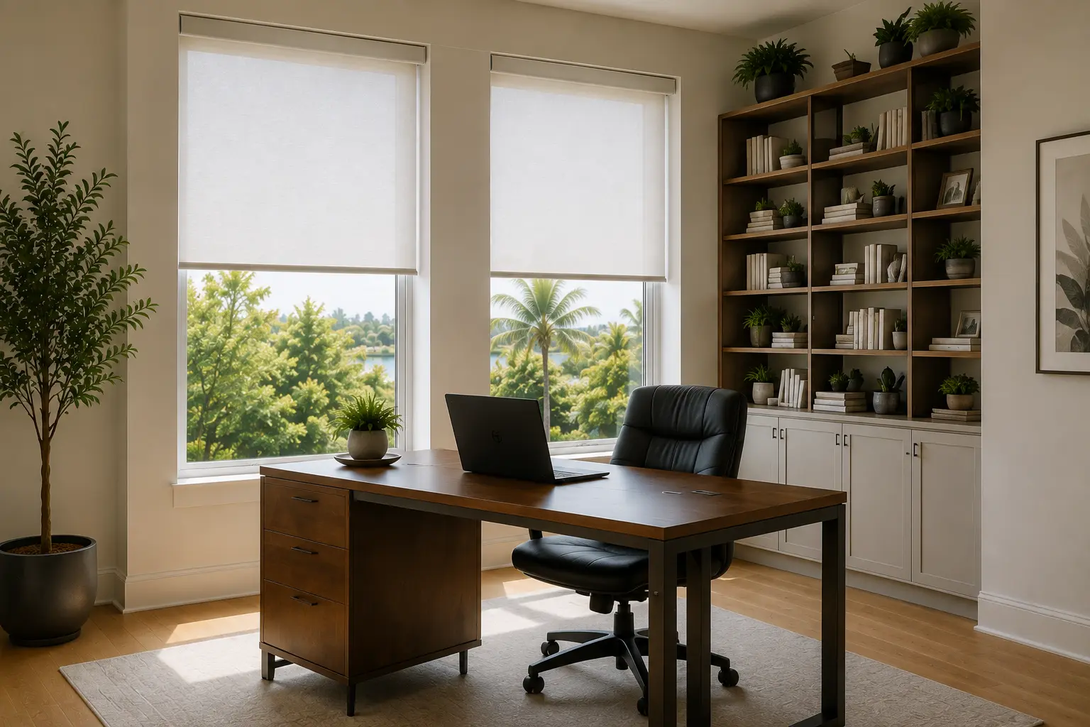 Light roller shades on two large windows in a modern home office
