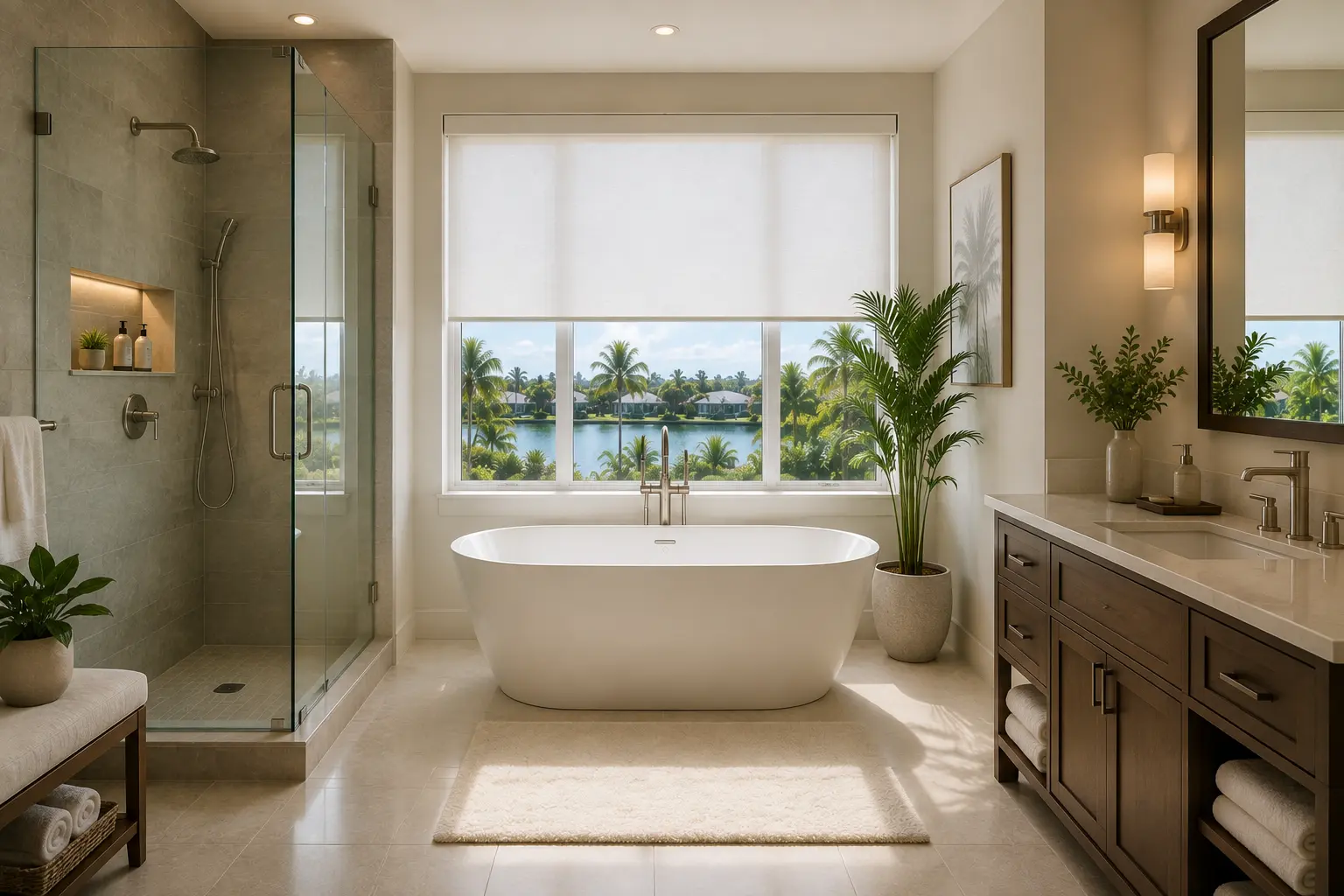 Light roller shade above a freestanding bathtub in a bright modern bathroom