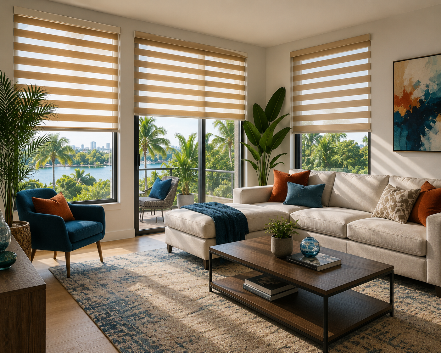 Beige zebra shades on large windows in a bright modern living room