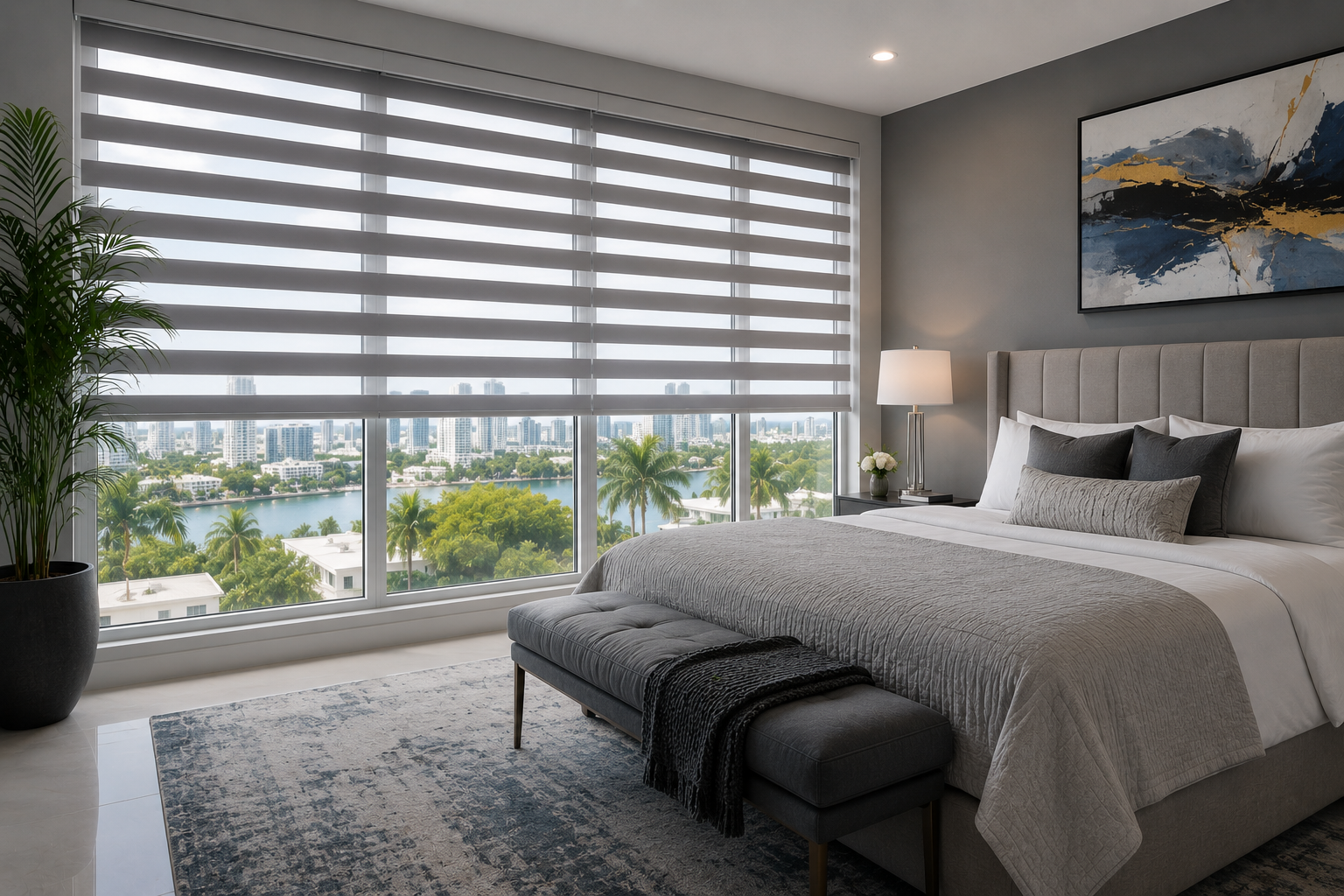 Gray zebra shades on large windows in a modern bedroom