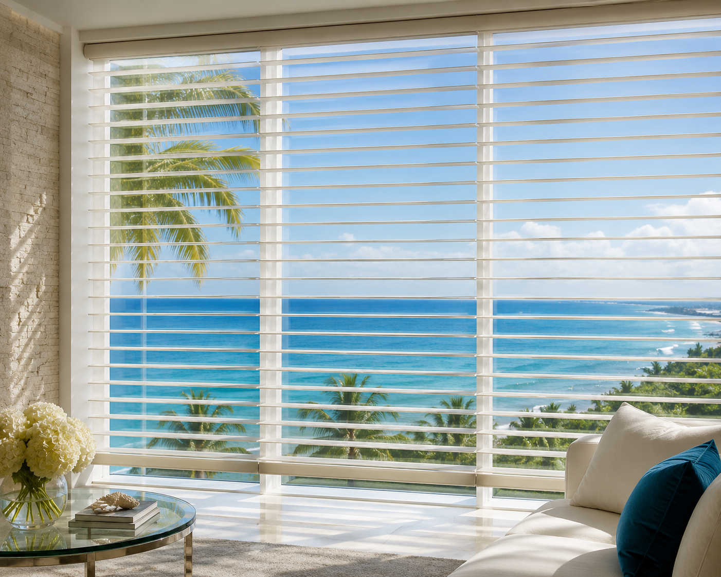 Shangri-La sheer shades on large windows in a bright coastal living room